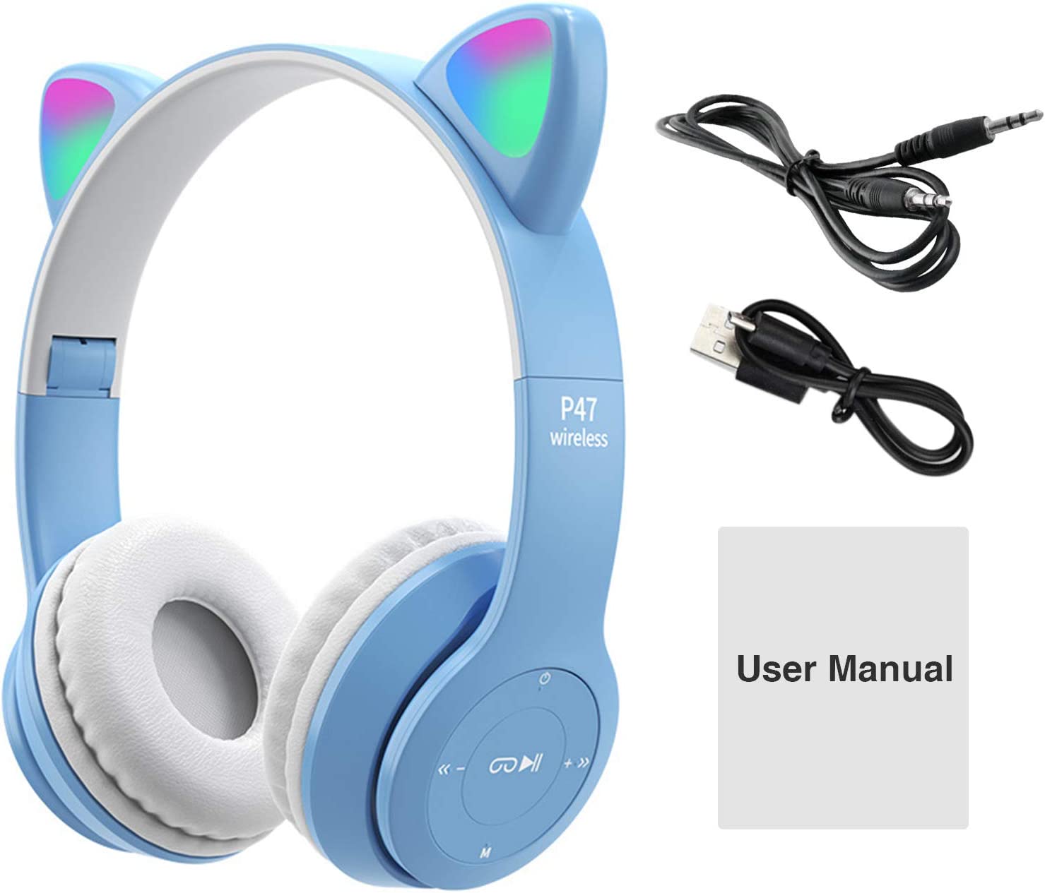 Casti Wireless Copii, Urechi Pisica, Bluetooth 5.0, HandsFree, Hifi, Bass Stereo, LED, TF, Albastru