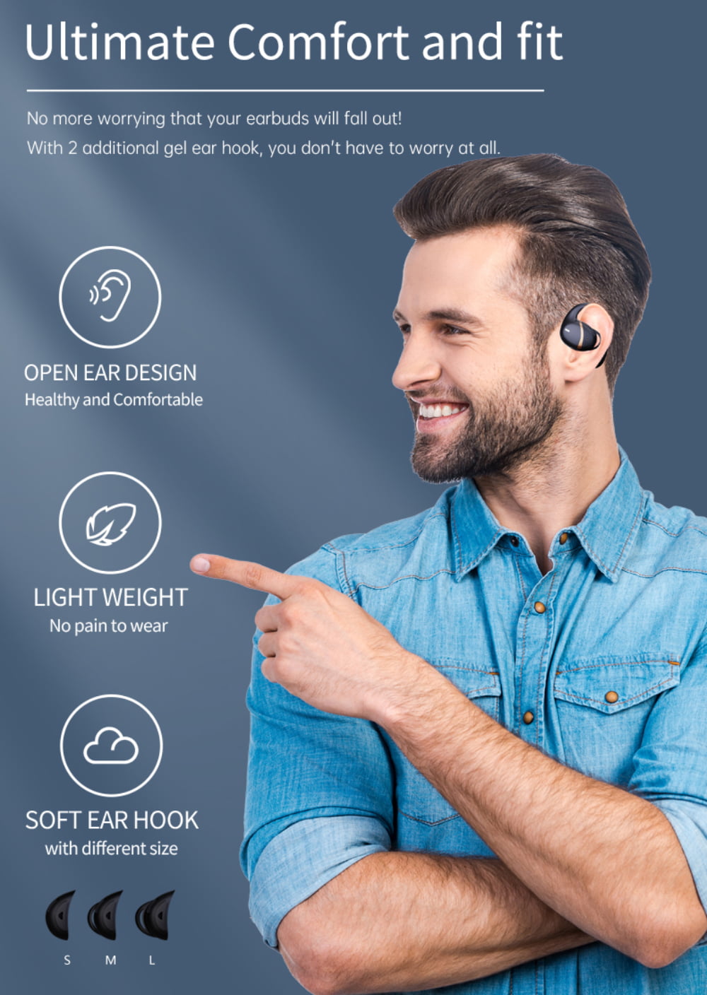 Casti Wireless JL-OD06 TWS, Open Ear, Smart Touch, Latenta Scazuta, Anulare Zgomot, Display Led, Waterproof, Sportivi, Biciclisti