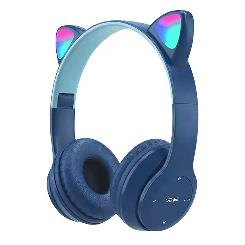 Casti Wireless Copii, Urechi Pisica, Bluetooth 5.0, HandsFree, Hifi, Bass Stereo, LED, TF, Albastru Inchis