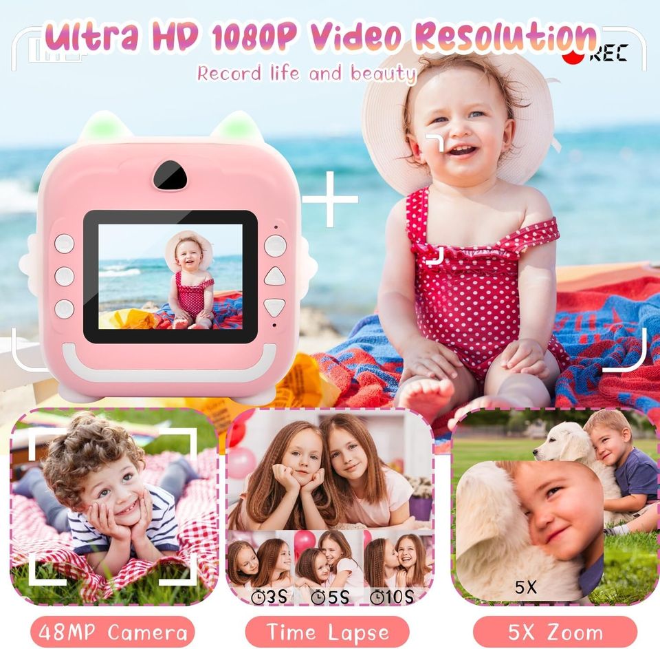 Aparat foto copii cu functie de printare, Q5, Rezolutie 24Mpx 1080P, Display LCD Color 2.4", 3 role hartie incluse, Roz
