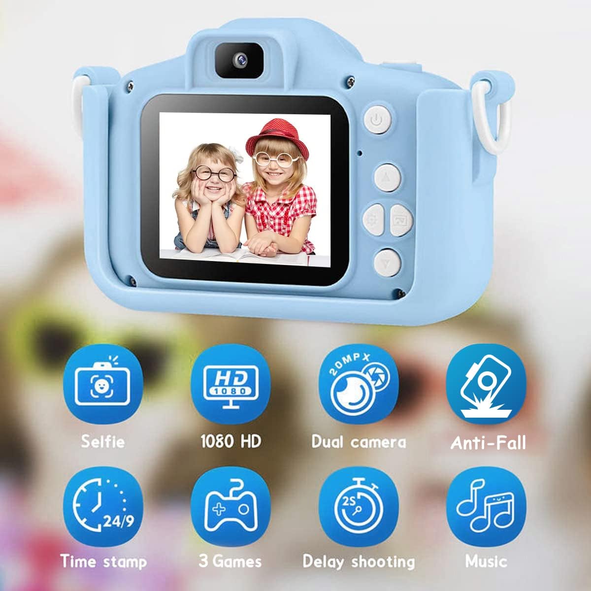 Camera Foto Copii, 20 Mpx, Full HD 1080P, model Unicorn, Ecran 2 inch, Functie Foto/Video, Jocuri, Albastru