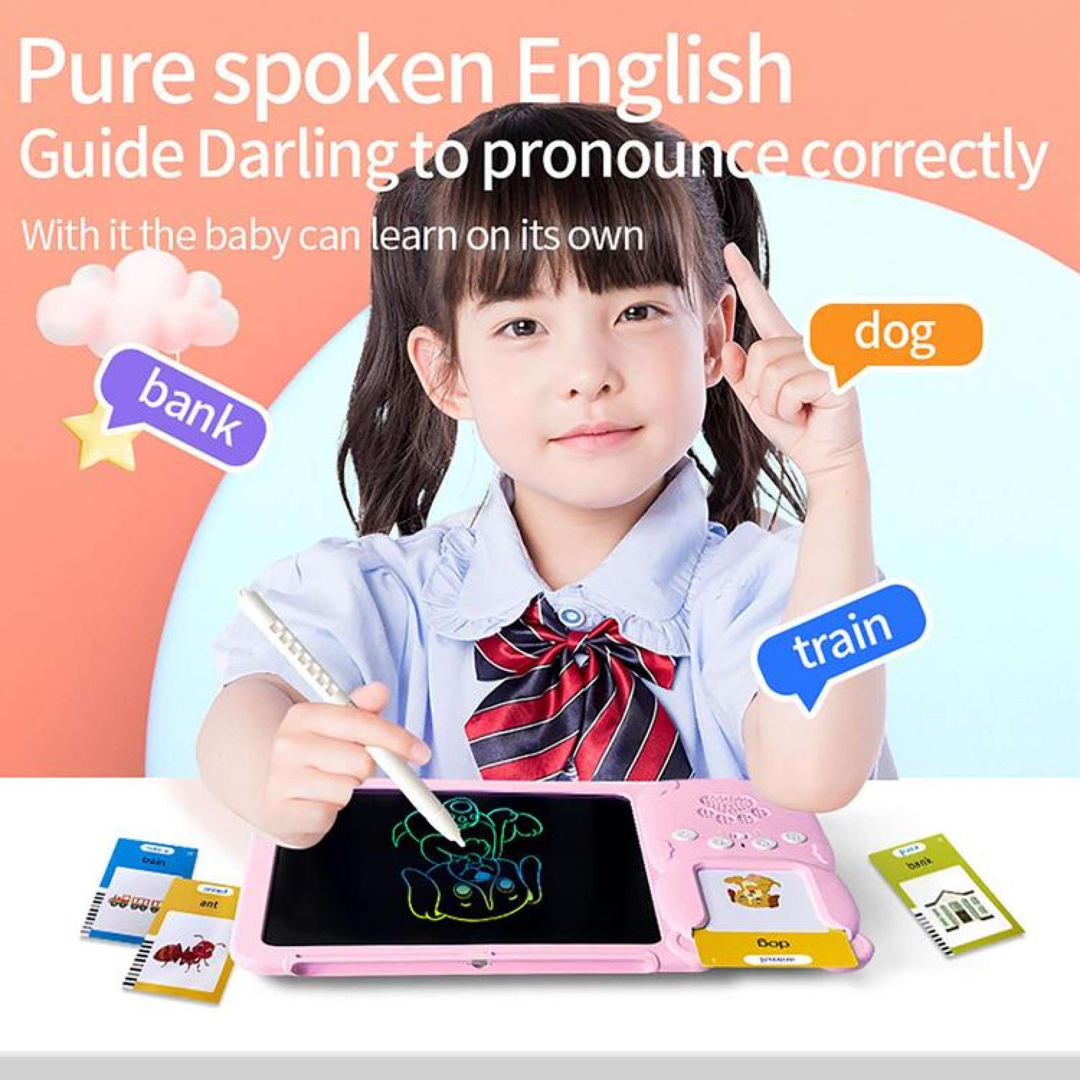 Tableta LCD 2 in 1 pentru copii, interactiva si educationala, scris si desenat, 255 carduri cu 510 cuvinte in limba engleza si redare lor cu sunet, jucarie pentru invatare limba engleza, stilou pentru scris si desenat, Roz