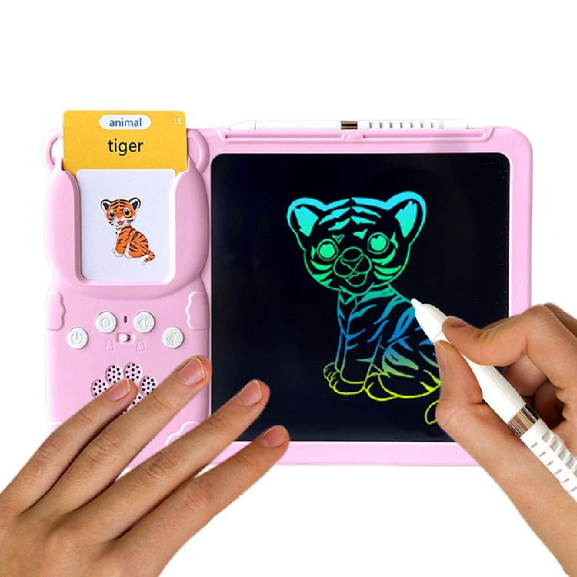 Tableta LCD 2 in 1 pentru copii, interactiva si educationala, scris si desenat, 255 carduri cu 510 cuvinte in limba engleza si redare lor cu sunet, jucarie pentru invatare limba engleza, stilou pentru scris si desenat, Roz
