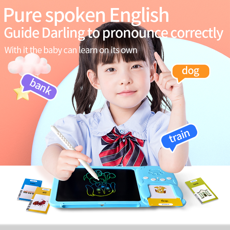 Tableta LCD 2 in 1 pentru copii, interactiva si educationala, scris si desenat, 255 carduri cu 510 cuvinte in limba engleza si redare lor cu sunet, jucarie pentru invatare limba engleza, stilou pentru scris si desenat, Albastru