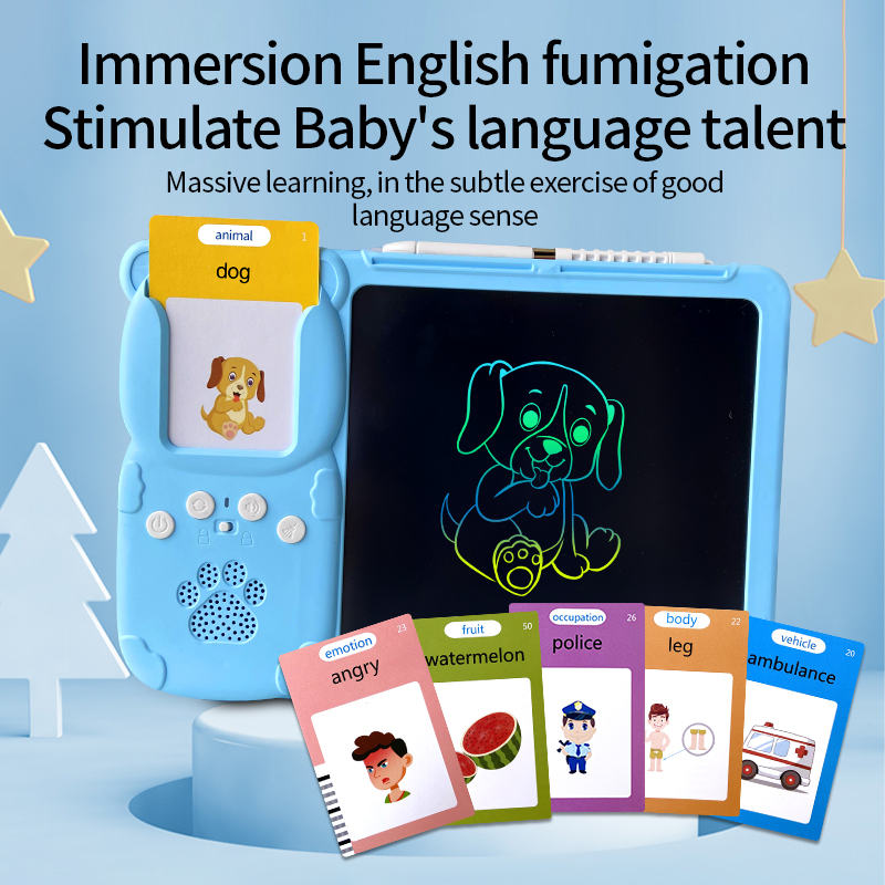 Tableta LCD 2 in 1 pentru copii, interactiva si educationala, scris si desenat, 255 carduri cu 510 cuvinte in limba engleza si redare lor cu sunet, jucarie pentru invatare limba engleza, stilou pentru scris si desenat, Albastru