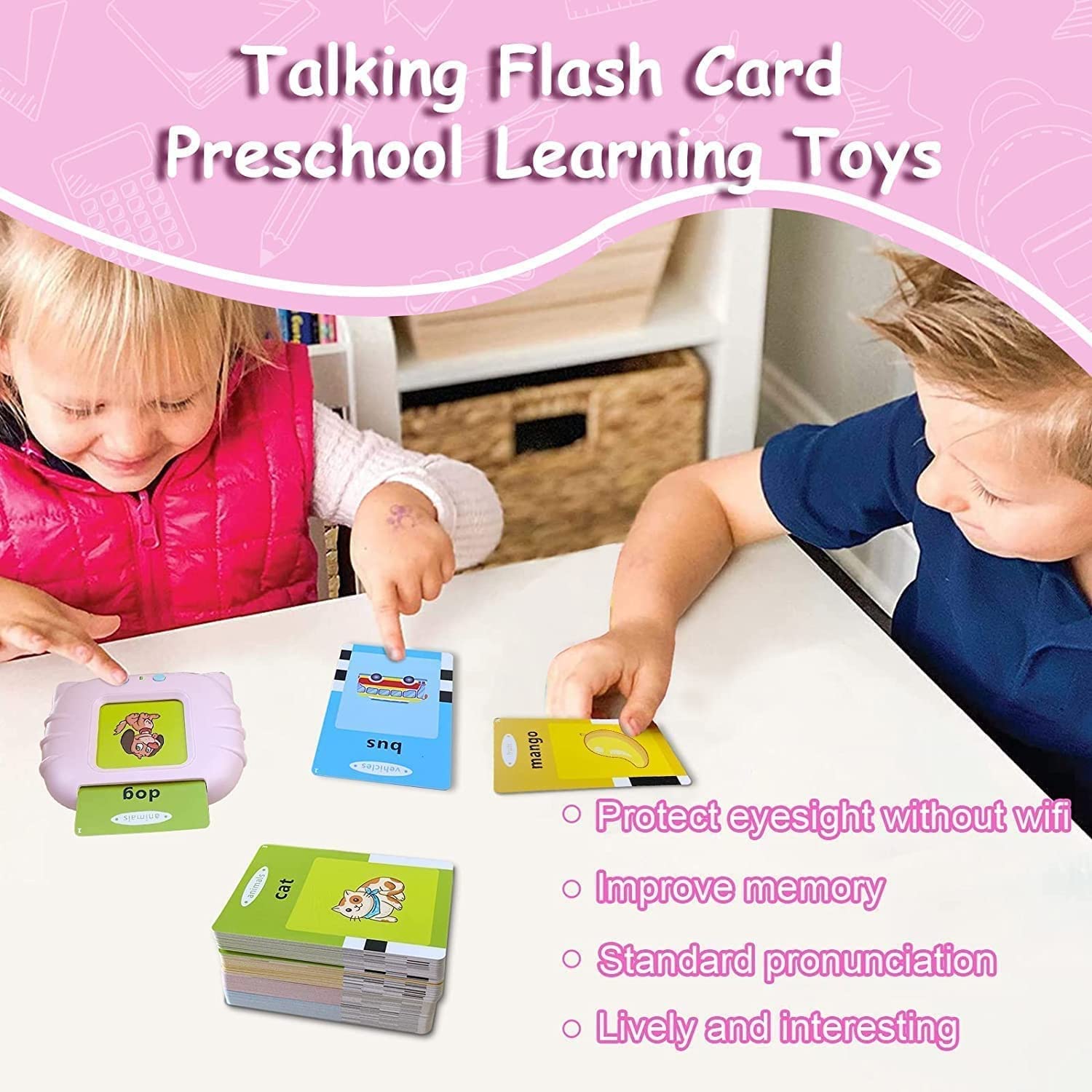 Jucarie educativa, Set masina de invatare limba engleza cu cititor de carduri, 112 bucati carduri flash 224 de cuvinte, 2 ani+, Roz