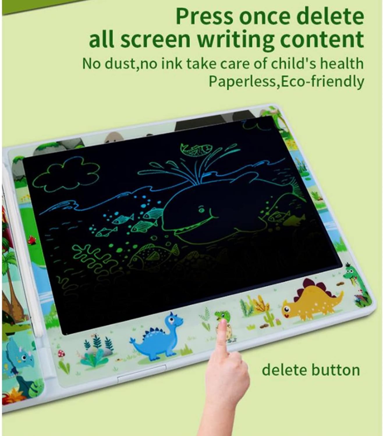 Tableta Grafica LCD 2 in 1, VALA® Dino, Educativa Interactiva pentru a invata limba engleza, scris si desenat, Ecran 8.5 inch, 112 cartonase 224 cuvinte, Creion Stylus pentru scris si desenat, Alimentare USB, Snur anti-pierdere, Verde Deschis